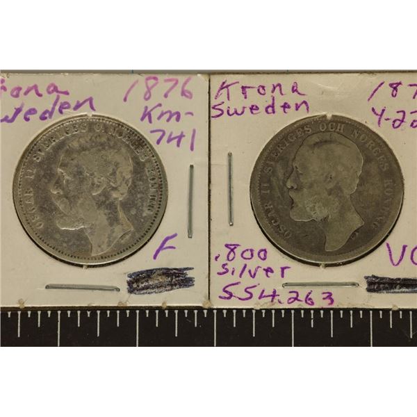 1876 & 1877 SWEDEN SILVER 1 KRONAS: .3858 OZ TOTAL