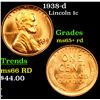 Image 1 : 1938-d Lincoln Cent 1c Grades Gem+ Unc RD