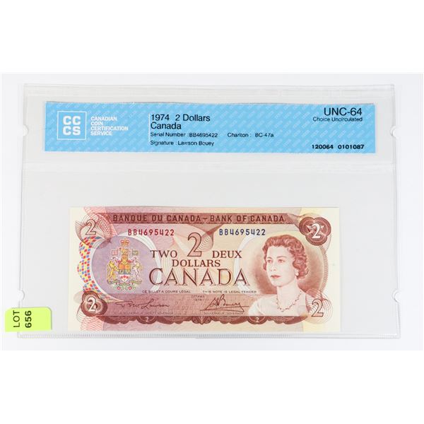 1974 CANADIAN 2 DOLLAR BANK NOTE GRADED UNC-64