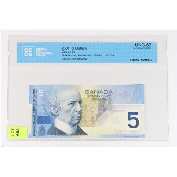 2001 CANADIAN 5 DOLLAR BANK NOTE GRADED UNC-66 BY