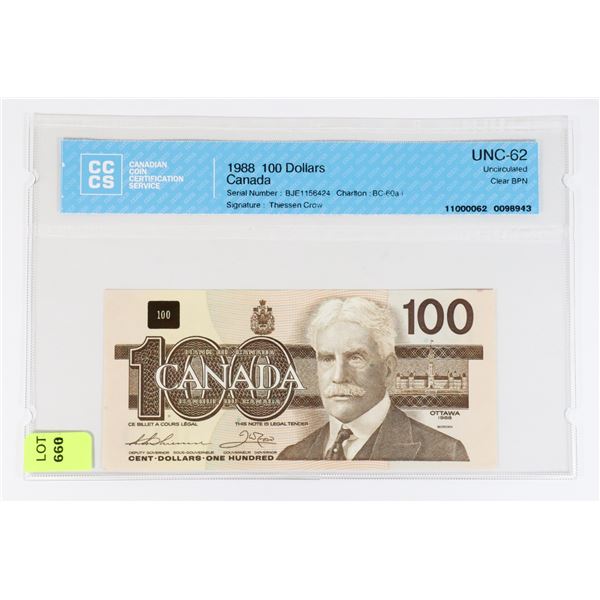 1988 CANADIAN 100 DOLLAR BANK NOTE GRADED UNC-62