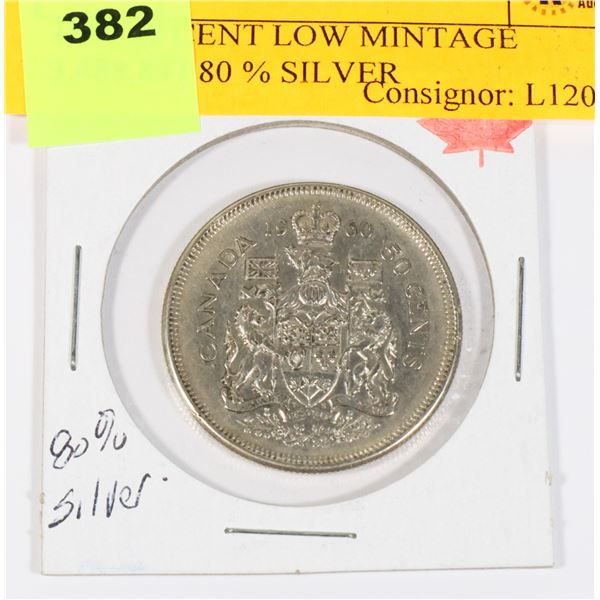 1960 50 CENT LOW MINTAGE 3,488,897 80 % SILVER