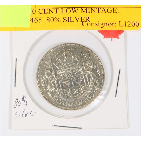 1952 50 CENT LOW MINTAGE: 2,596,465  80% SILVER