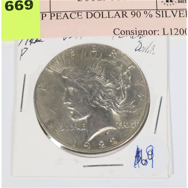 1922 P PEACE DOLLAR 90 % SILVER USA