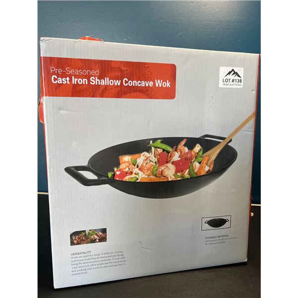 Lot of 1 Pre-Seasoned Cast Iron Shallow Concave Wok - 12 inches