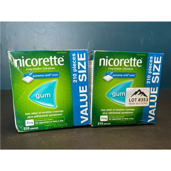 Lot of 2 Boxes of Nicorette Gum; Quit Smoking Aid - Value Size Boxes; 210 PCS per box! Extreme Mint