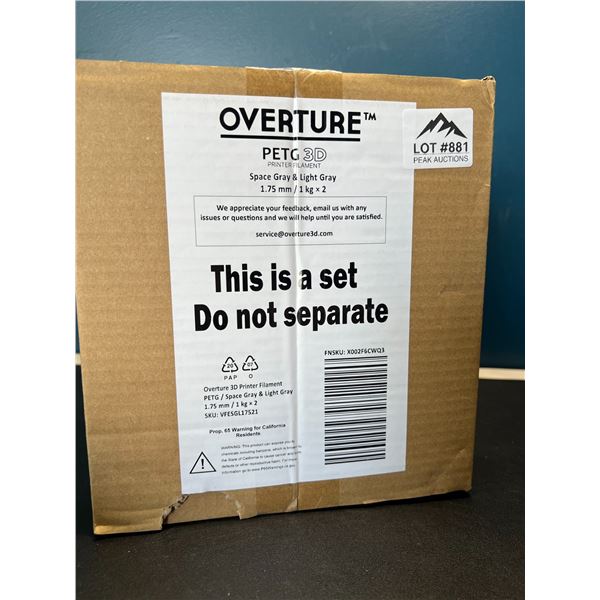 Lot of Overture PETG 3D-Printing Filament - 2 Rolls - Space Gray & Light Gray