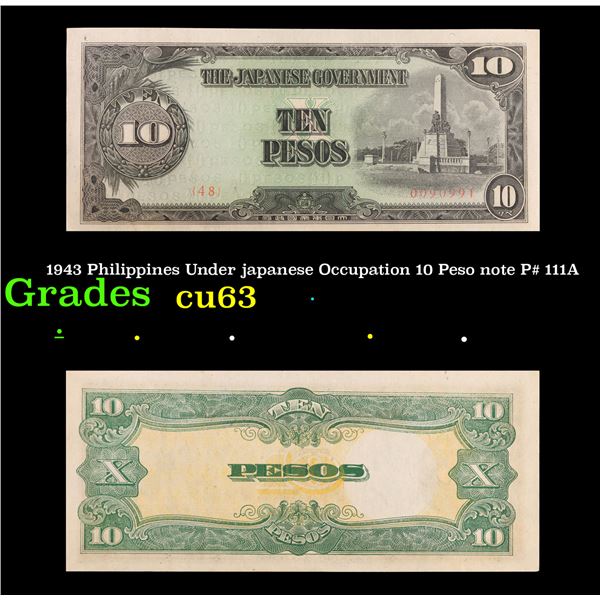 1943 Philippines Under japanese Occupation 10 Peso note P# 111A Grades Select CU