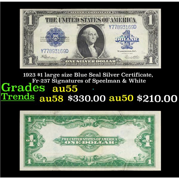 1923 $1 large size Blue Seal Silver Certificate, Fr-237 Signatures of Speelman & White Grades Choice