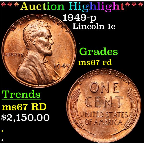 ***Auction Highlight*** 1949-p Lincoln Cent 1c Graded GEM++ Unc RD By USCG (fc)