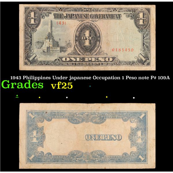 1943 Philippines Under japanese Occupation 1 Peso note P# 109A Grades vf+