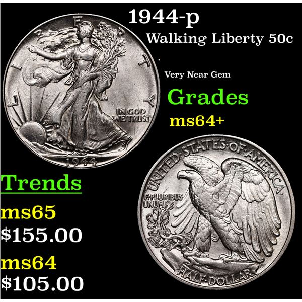 1944-p Walking Liberty Half Dollar 50c Grades Choice+ Unc