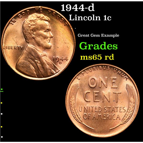 1944-d Lincoln Cent 1c Grades GEM Unc RD