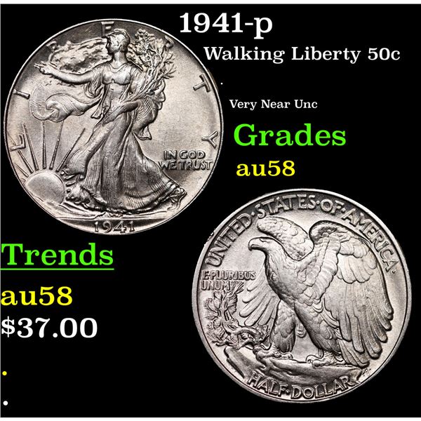 1941-p Walking Liberty Half Dollar 50c Grades Choice AU/BU Slider