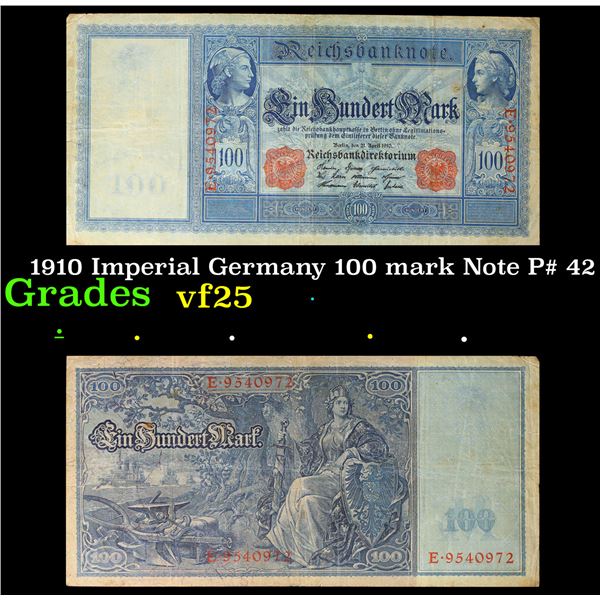 1910 Imperial Germany 100 mark Note P# 42 Grades vf+