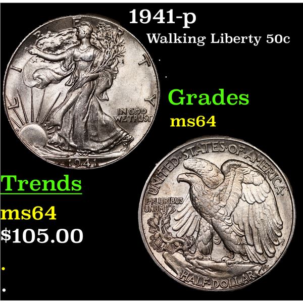1941-p Walking Liberty Half Dollar 50c Grades Choice Unc