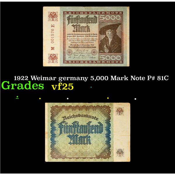 1922 Weimar germany 5,000 Mark Note P# 81C Grades vf+