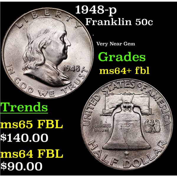 1948-p Franklin Half Dollar 50c Grades Choice Unc+ FBL