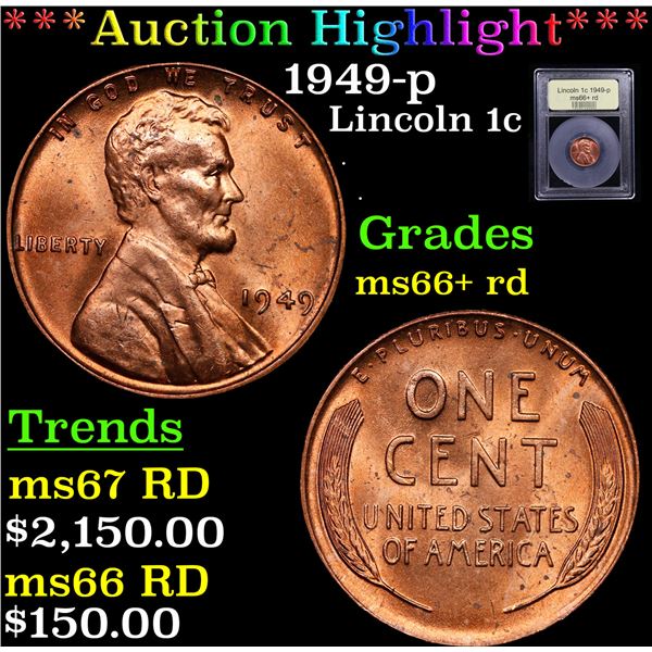 ***Auction Highlight*** 1949-p Lincoln Cent 1c Graded GEM++ RD By USCG (fc)