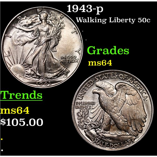 1943-p Walking Liberty Half Dollar 50c Grades Choice Unc