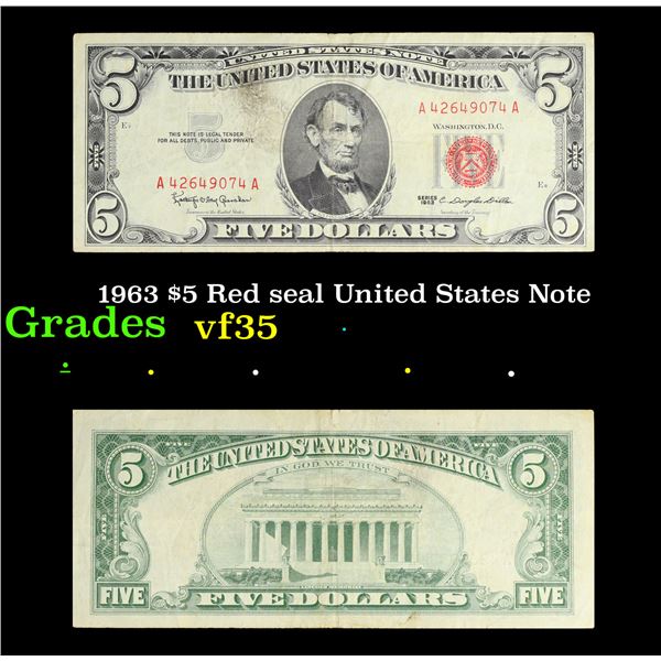 1963 $5 Red seal United States Note Grades vf++