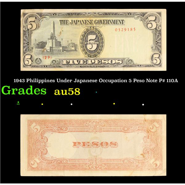 1943 Philippines Under Japanese Occupation 5 Peso Note P# 110A Grades Choice AU/BU Slider