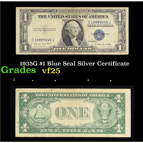 1935G $1 Blue Seal Silver Certificate Grades vf+