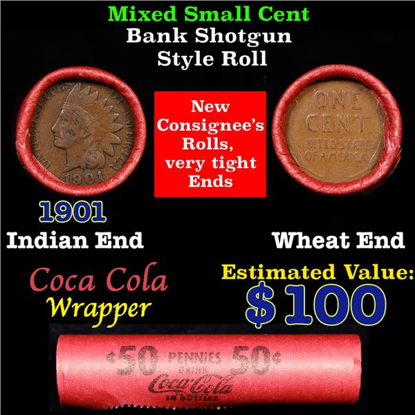 Mixed small cents 1c orig shotgun roll,Wheat Cent, 1901 Indian Cent other end, Coca Cola Brandt Wrap