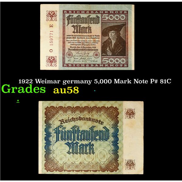 1922 Weimar germany 5,000 Mark Note P# 81C Grades Choice AU/BU Slider