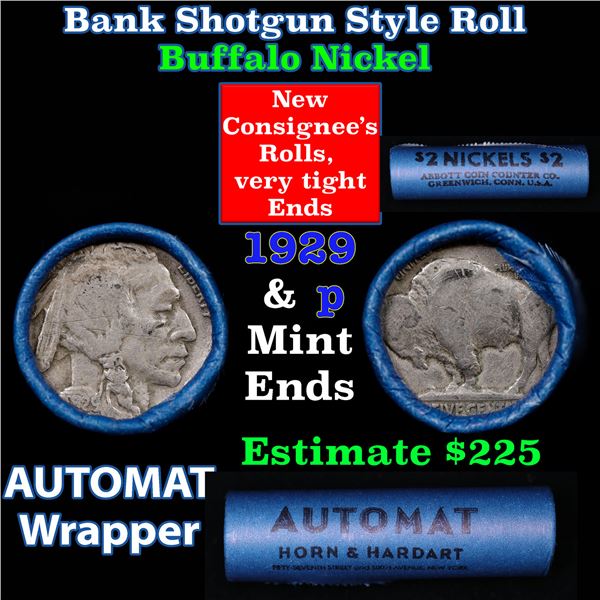 Buffalo Nickel Shotgun Roll in Old Bank Style 'Abbott Coin Counter & Automat' Wrapper 1929 & p Mint 