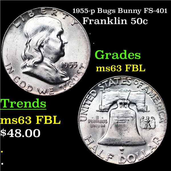 1955-p Bugs Bunny Franklin Half Dollar FS-401 50c Grades Select Unc FBL