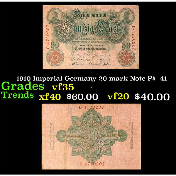 1910 Imperial Germany 20 mark Note P#  41 Grades vf++