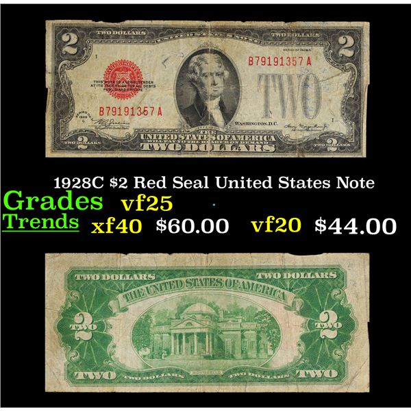 1928C $2 Red Seal United States Note Grades vf+