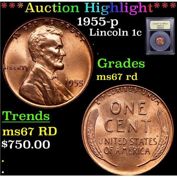 ***Auction Highlight*** 1955-p Lincoln Cent 1c Graded GEM++ Unc RD By USCG (fc)