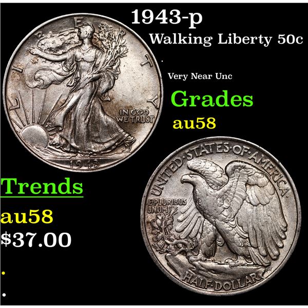 1943-p Walking Liberty Half Dollar 50c Grades Choice AU/BU Slider