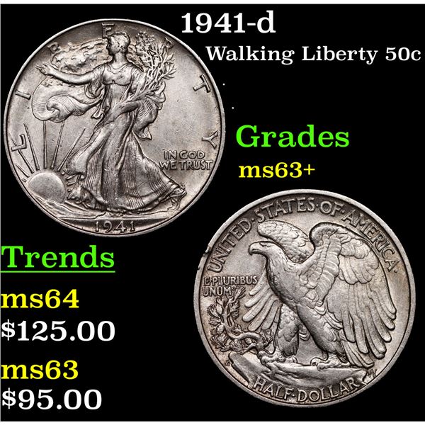 1941-d Walking Liberty Half Dollar 50c Grades Select+ Unc