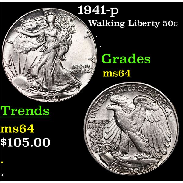 1941-p Walking Liberty Half Dollar 50c Grades Choice Unc