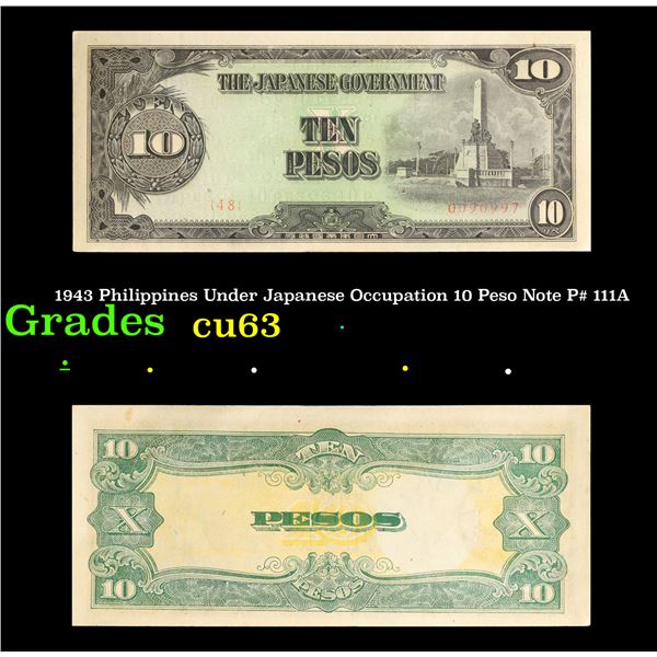 1943 Philippines Under Japanese Occupation 10 Peso Note P# 111A Grades Select CU