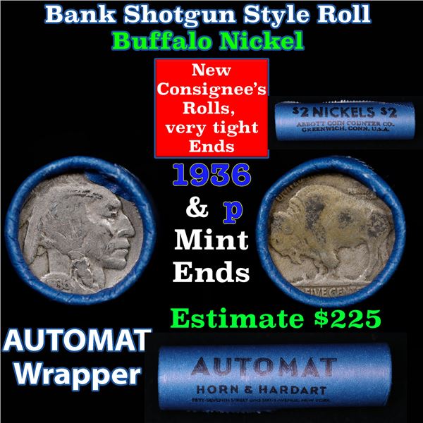 Buffalo Nickel Shotgun Roll in Old Bank Style 'Abbott Coin Counter & Automat' Wrapper 1936 & p Mint 