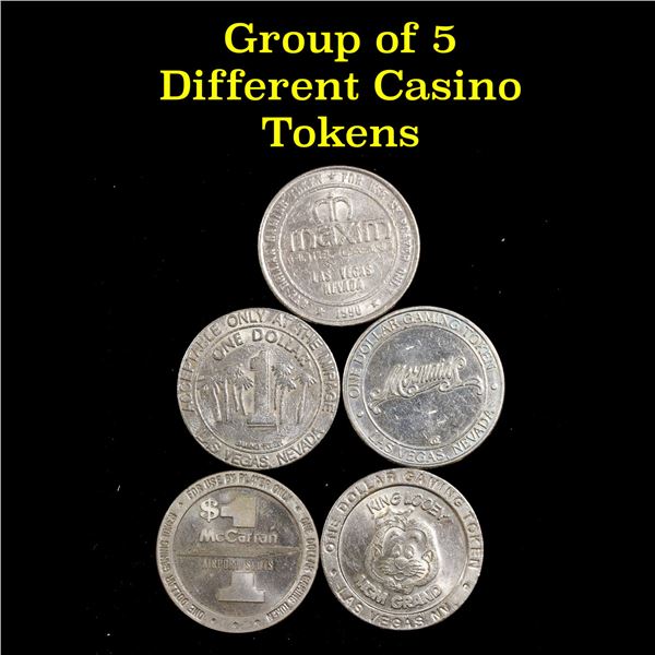 Group of 5 Casino Tokens All Different