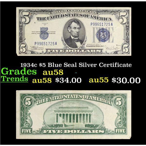 1934c $5 Blue Seal Silver Certificate Grades Choice AU/BU Slider