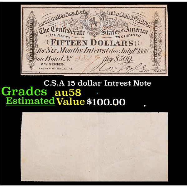 C.S.A 15 dollar Intrest Note Grades Choice AU/BU Slider