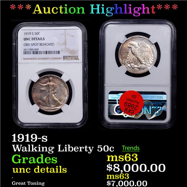 ***Auction Highlight*** NGC 1919-s Walking Liberty Half Dollar 50c Graded unc details By NGC (fc)
