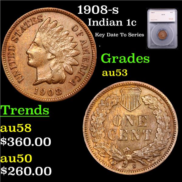 1908-s Indian Cent 1c Graded au53 BY SEGS