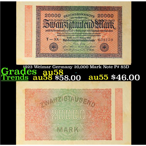 1923 Weimar Germany 20,000 Mark Note P# 85D Grades Choice AU/BU Slider