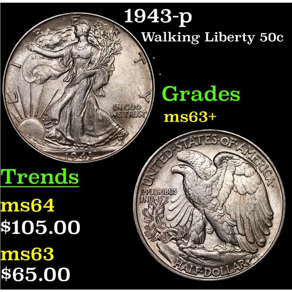 1943-p Walking Liberty Half Dollar 50c Grades Select+ Unc