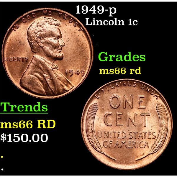 1949-p Lincoln Cent 1c Grades GEM+ Unc RD