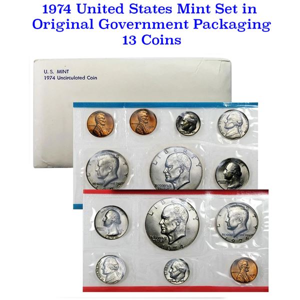 1974 United States Mint Set in Original Government Packaging, 11 Coins Inside!