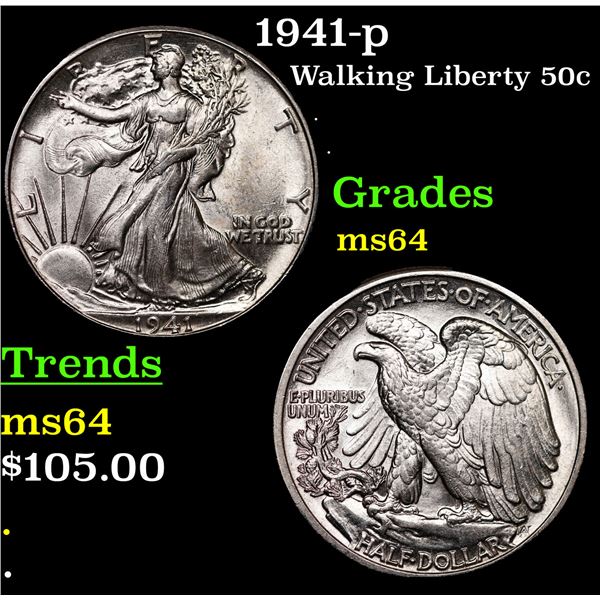 1941-p Walking Liberty Half Dollar 50c Grades Choice Unc