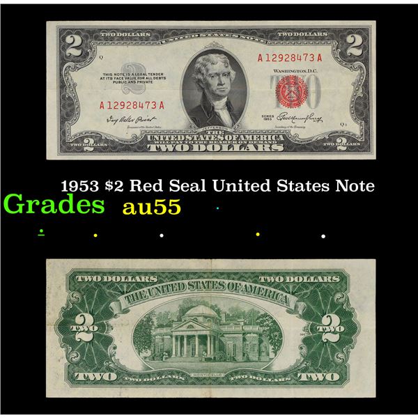 1953 $2 Red Seal United States Note Grades Choice AU